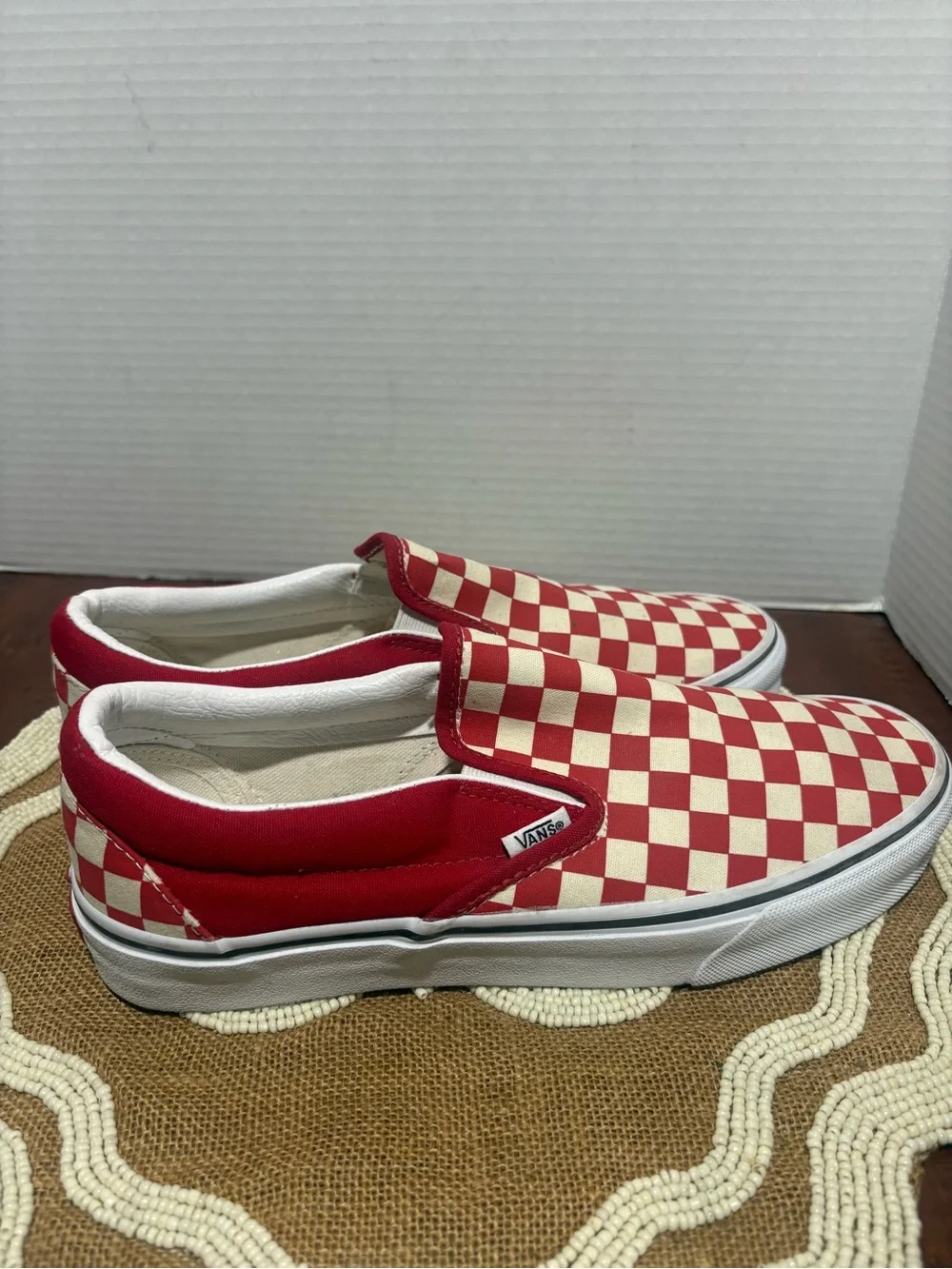 Vans Men's Slip-On Checkerboard Shoes in Red and Cream